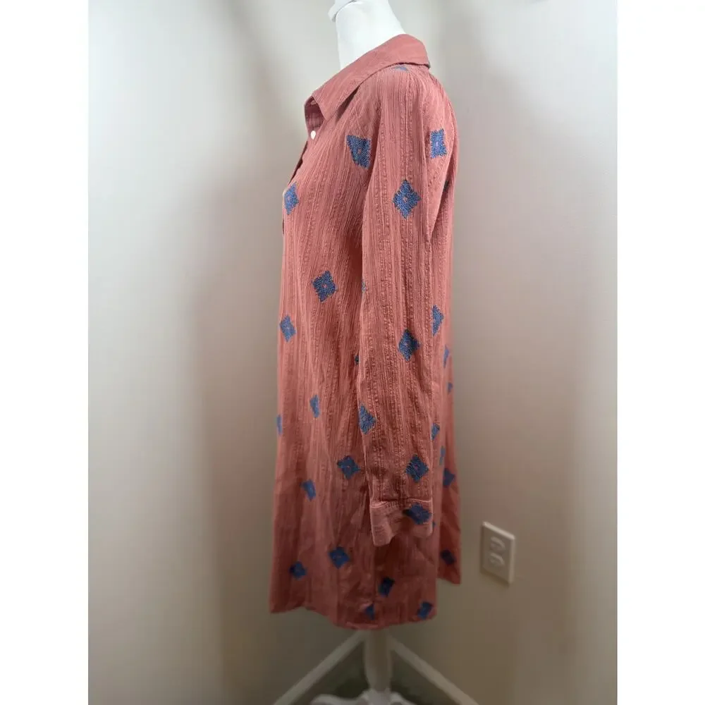 J. Jill Pure Jill Embroidered Shirtdress CoralBlue Small Cotton Boho Cottagecore